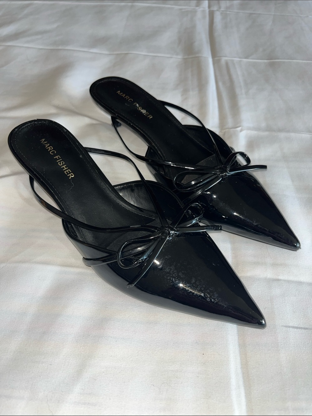 Marc Fisher‎ Black Patent Pointed Toe Bow detail Mules Kitten Heels 7.5